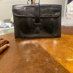 Hermes Black Leather Clutch with H-Tab Detail